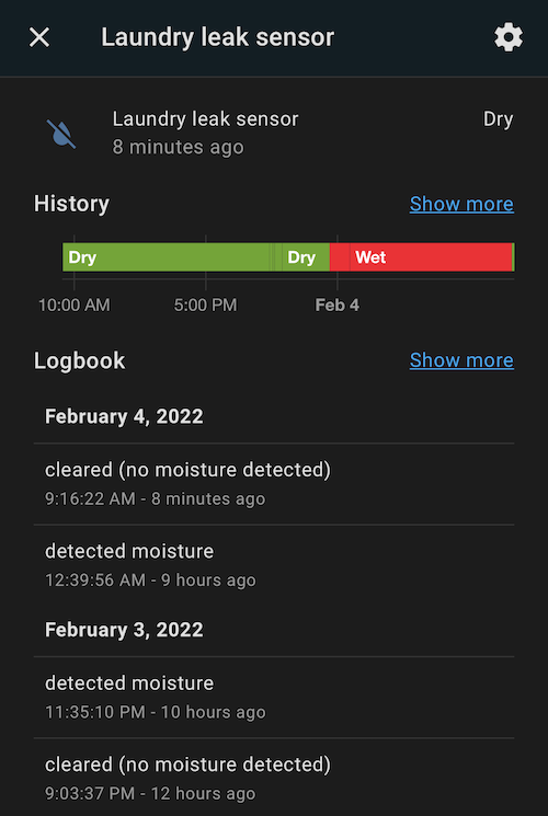 screenshot of leak sensor data